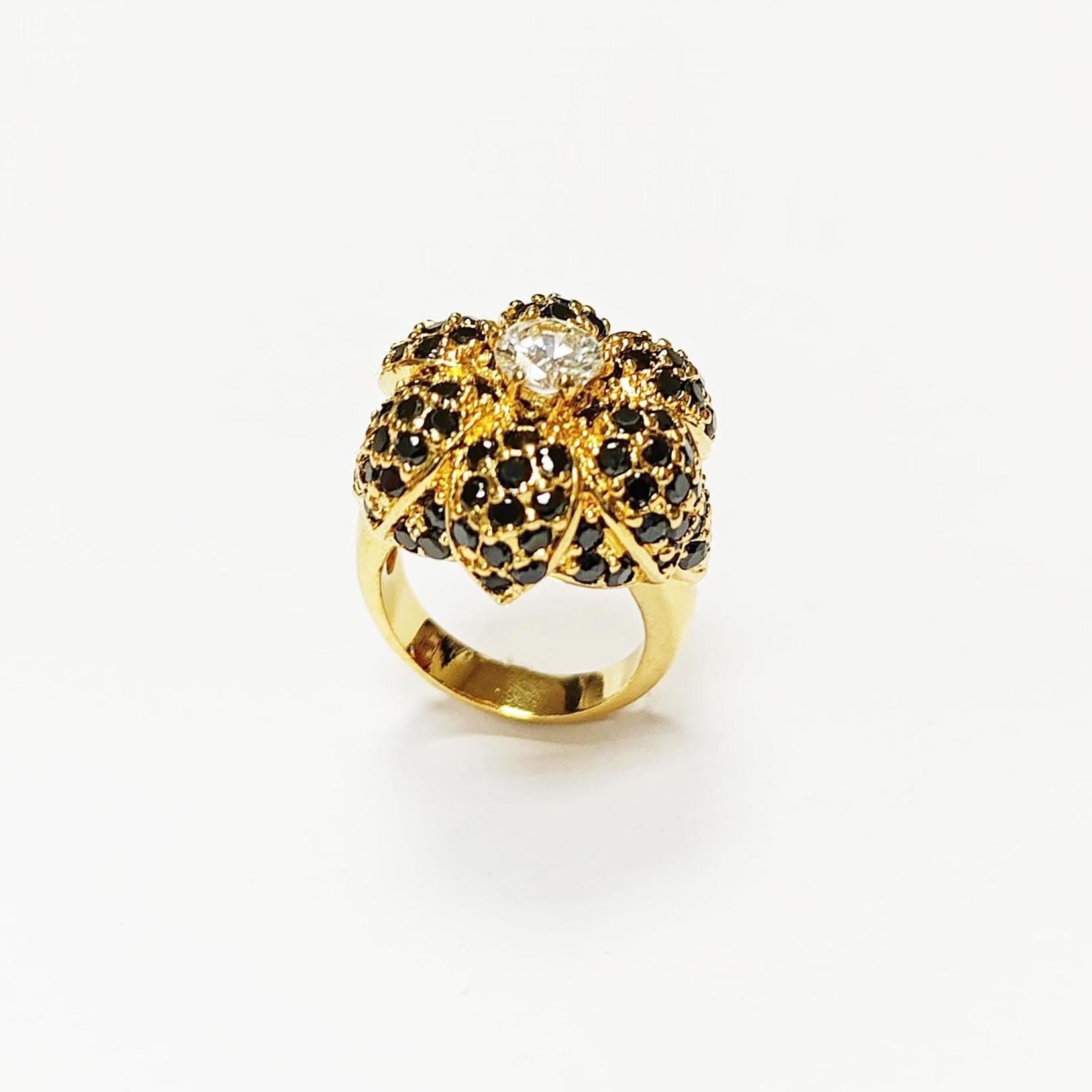 18K Gold Plated Ring • Black & White Rose Flower • Statement Glam Floral Design Stones Jewelry • Elegant Cocktail Ring, Amazing Vintage Ring