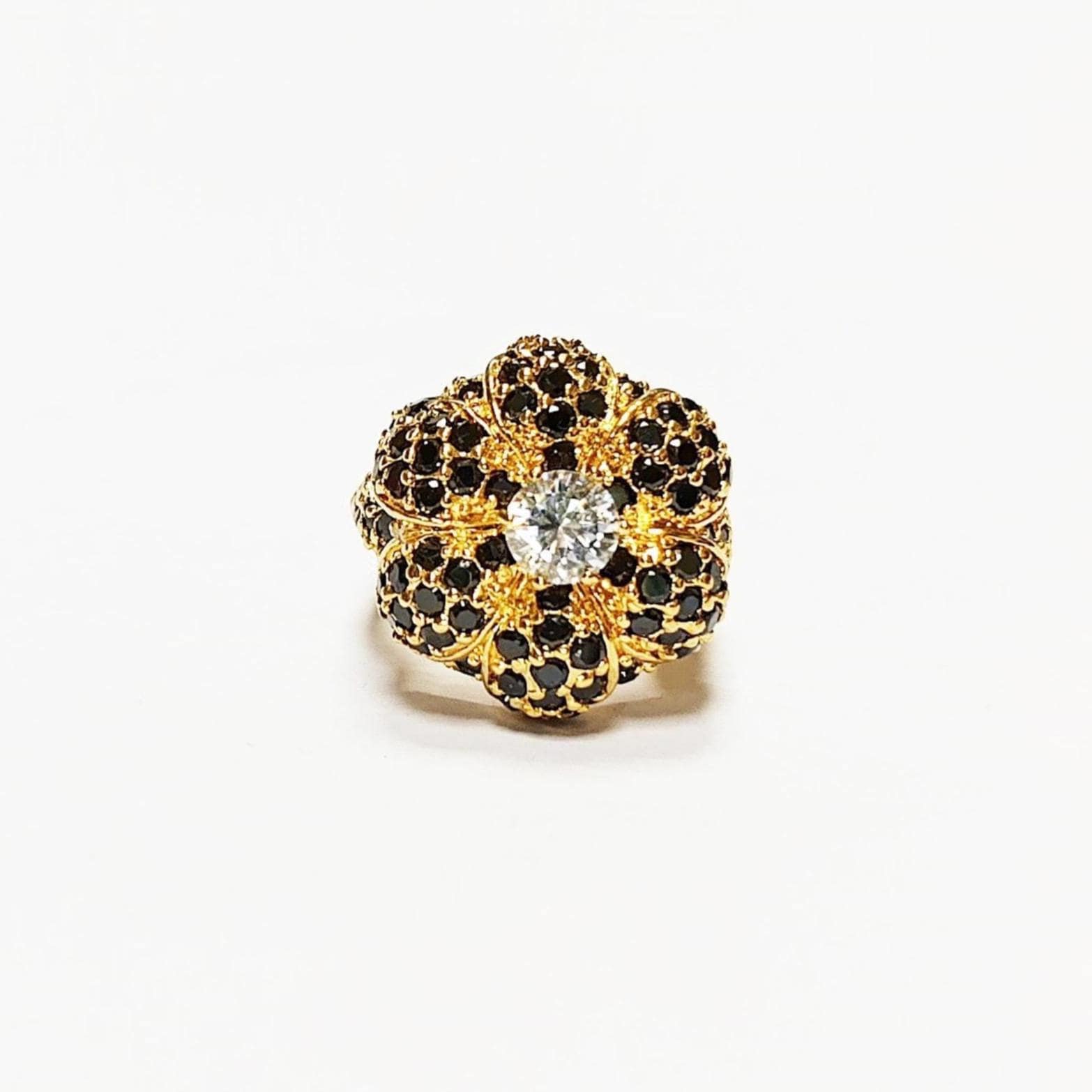 18K Gold Plated Ring • Black & White Rose Flower • Statement Glam Floral Design Stones Jewelry • Elegant Cocktail Ring, Amazing Vintage Ring