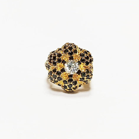 18K Gold Plated Ring • Black & White Rose Flower • Statement Glam Floral Design Stones Jewelry • Elegant Cocktail Ring, Amazing Vintage Ring