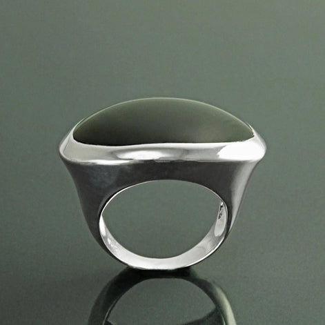 Oval Black Onyx Ring, Sterling Silver, Onyx Gemstone, Horizontal Stone, Wide Low Domed Ring, Unique Statement Ring, Modern Style Jewelry
