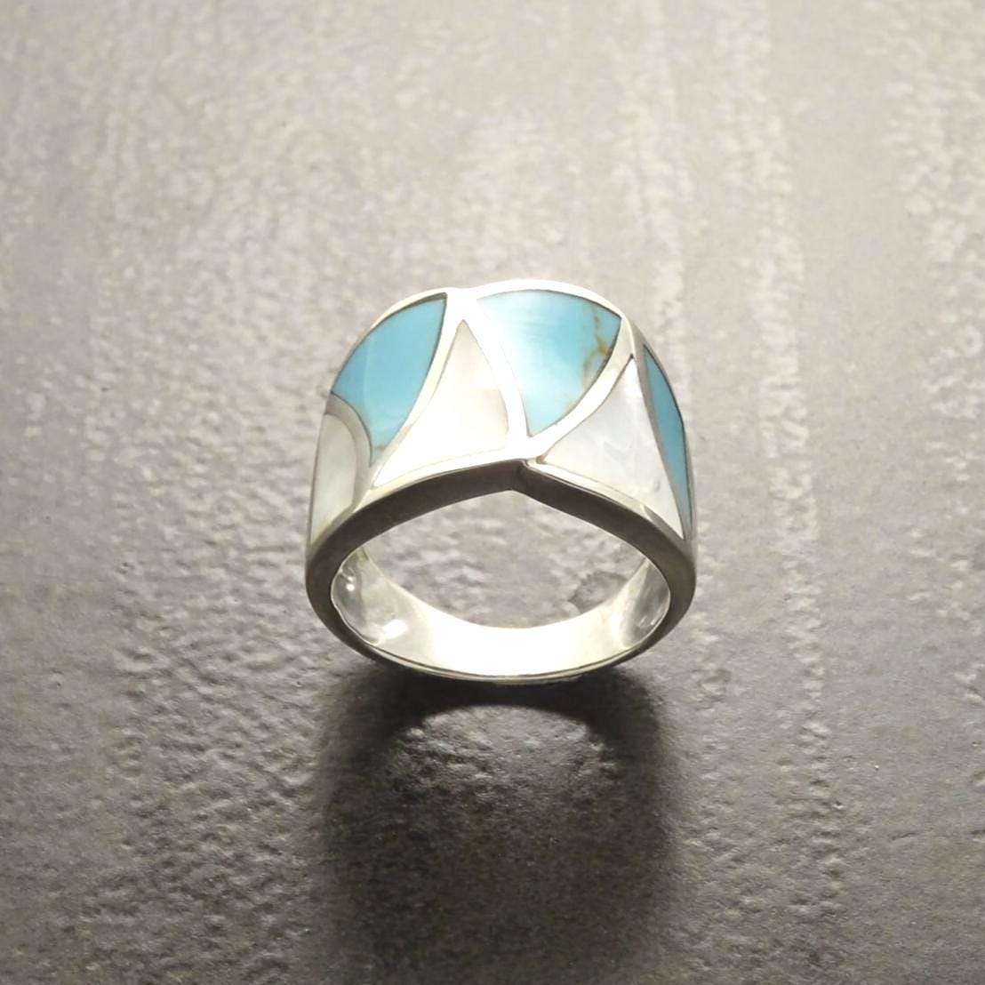 Turquoise Ring, Sterling Silver, Crossing Blue Turquoise Stone Ring, White Mother of Pearl Shell, Geometrical Framed Design Stones Jewelry