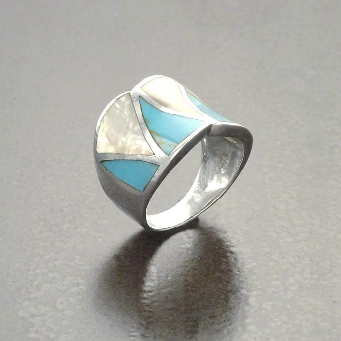 Turquoise Ring, Sterling Silver, Crossing Blue Turquoise Stone Ring, White Mother of Pearl Shell, Geometrical Framed Design Stones Jewelry