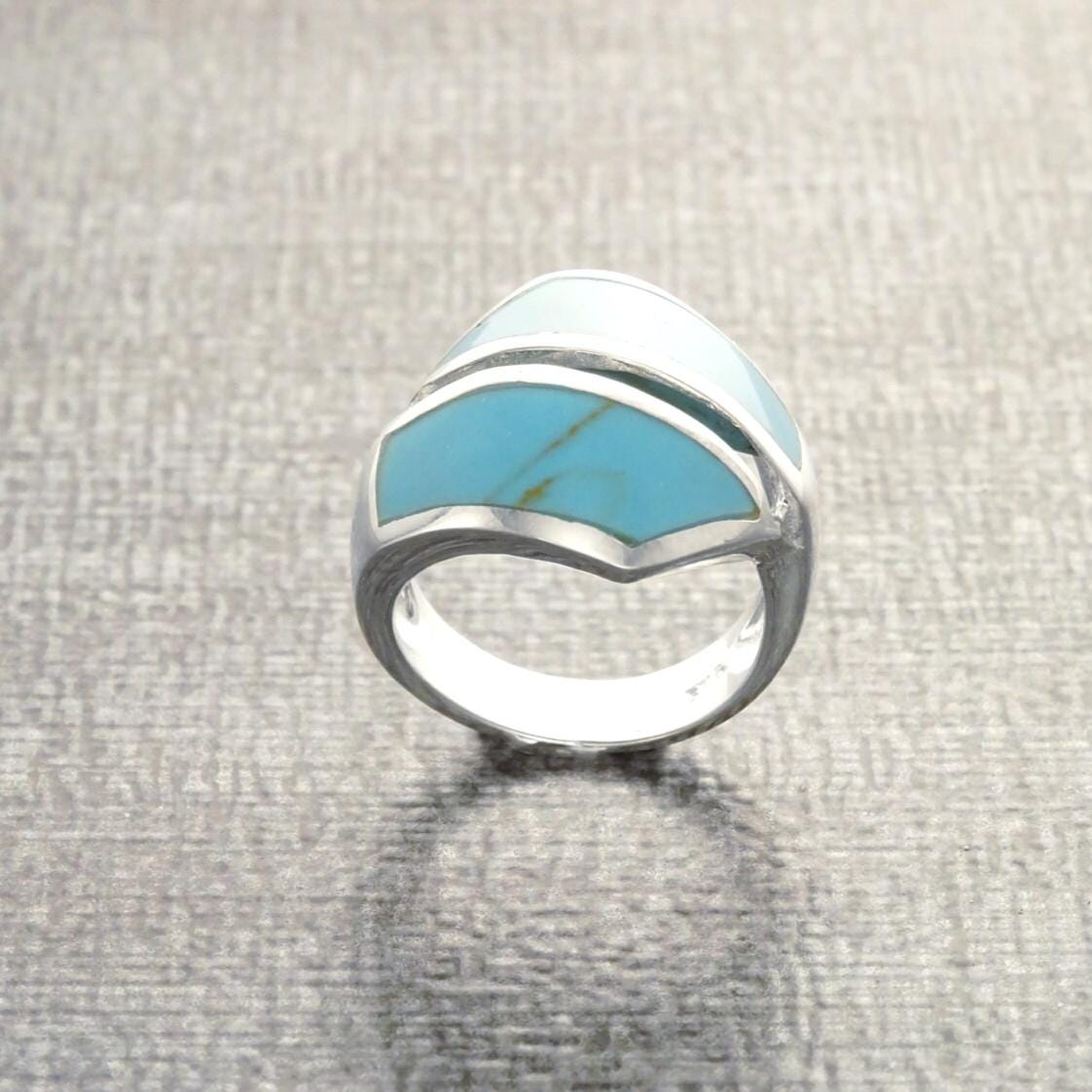 Blue Turquoise Ring - Sterling Silver - Turquoise Bypass Ring - Gemstone Crossing Ring - Turquoise Stone Ring - Framed Ring - Original Ring