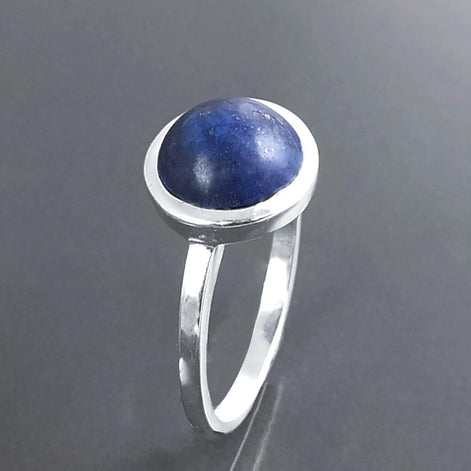 925 Lapis Ring Sterling Silver, Round Blue Stone Ring, Genuine Blue Lapis Lazuli Gemstone Birthstone Jewelry, Modern Minimalist Style Gift