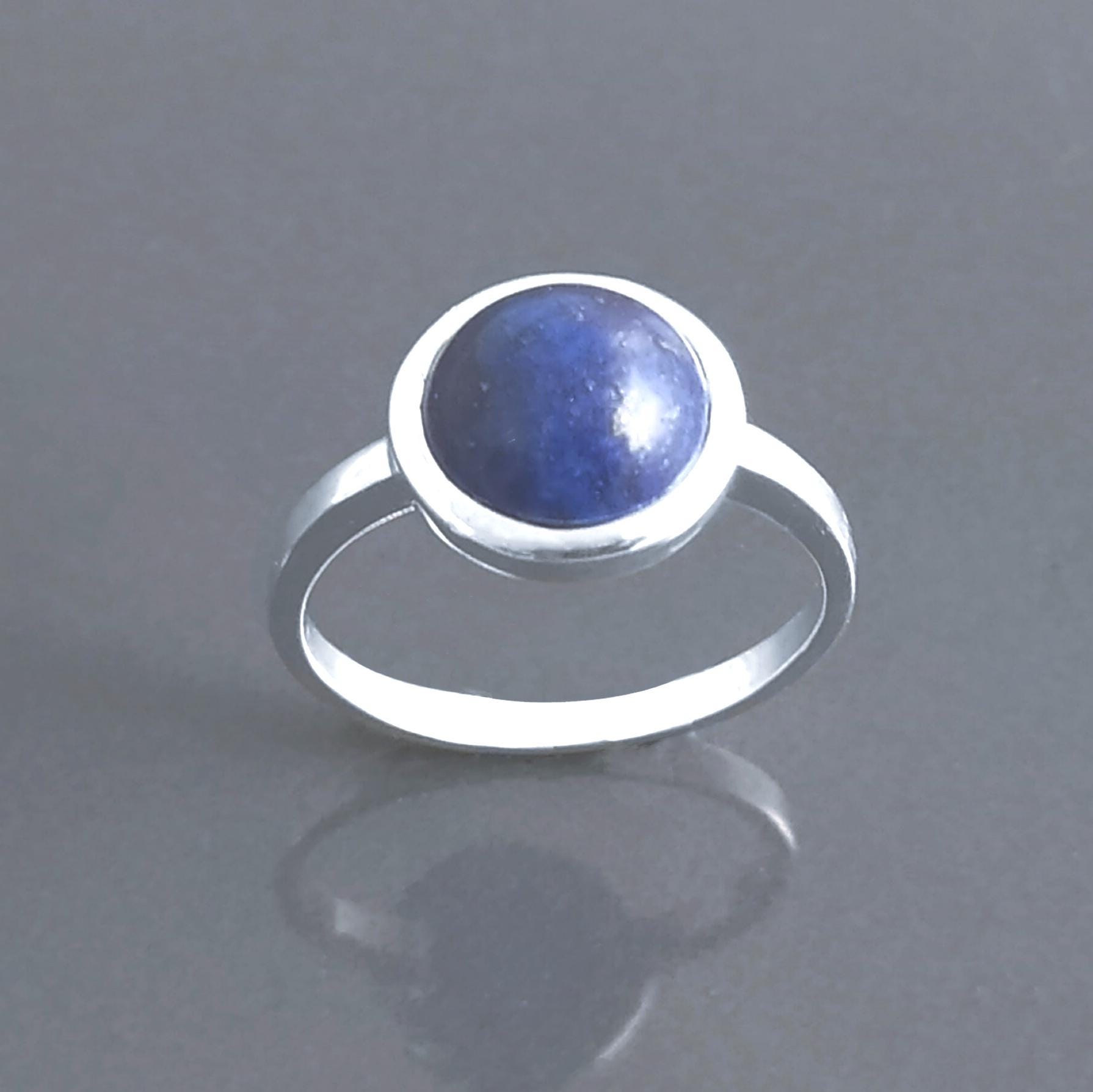 925 Lapis Ring Sterling Silver, Round Blue Stone Ring, Genuine Blue Lapis Lazuli Gemstone Birthstone Jewelry, Modern Minimalist Style Gift