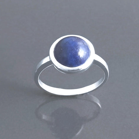 925 Lapis Ring Sterling Silver, Round Blue Stone Ring, Genuine Blue Lapis Lazuli Gemstone Birthstone Jewelry, Modern Minimalist Style Gift