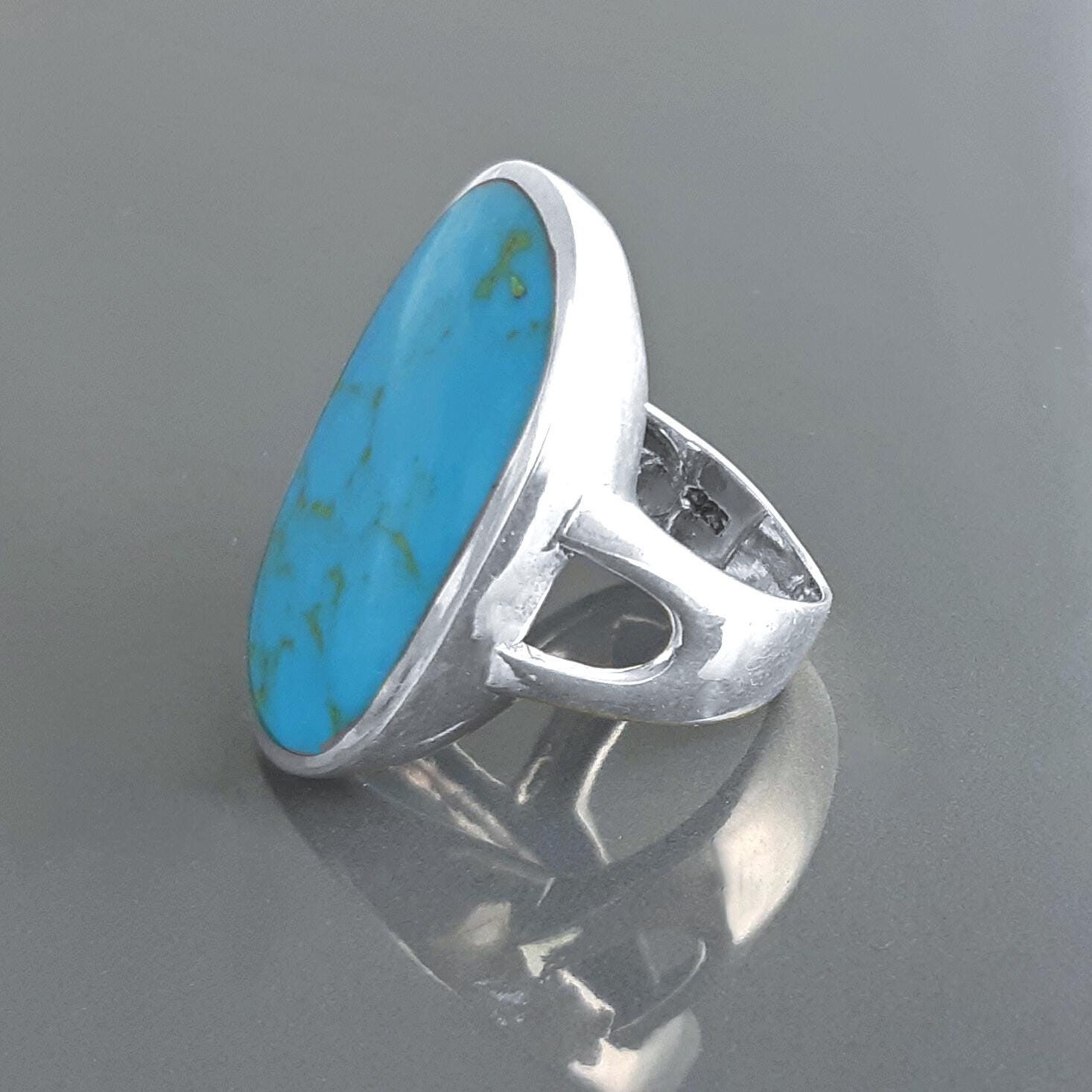 Blue Turquoise Ring, Sterling Silver, Turquoise Flat Stone, Original Rectangle Oval Form Ring, Modern Designer Setting Shape Jewelry