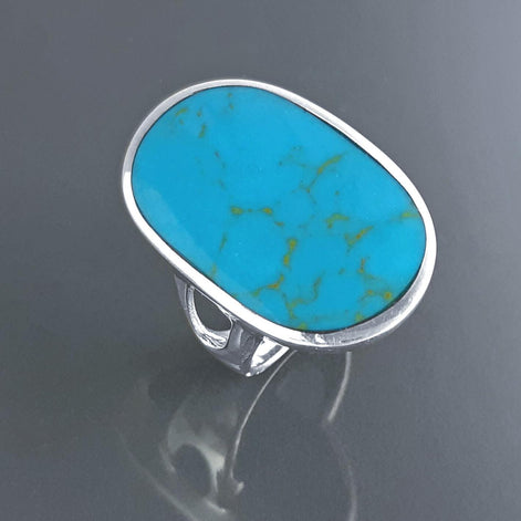 Blue Turquoise Ring, Sterling Silver, Turquoise Flat Stone, Original Rectangle Oval Form Ring, Modern Designer Setting Shape Jewelry