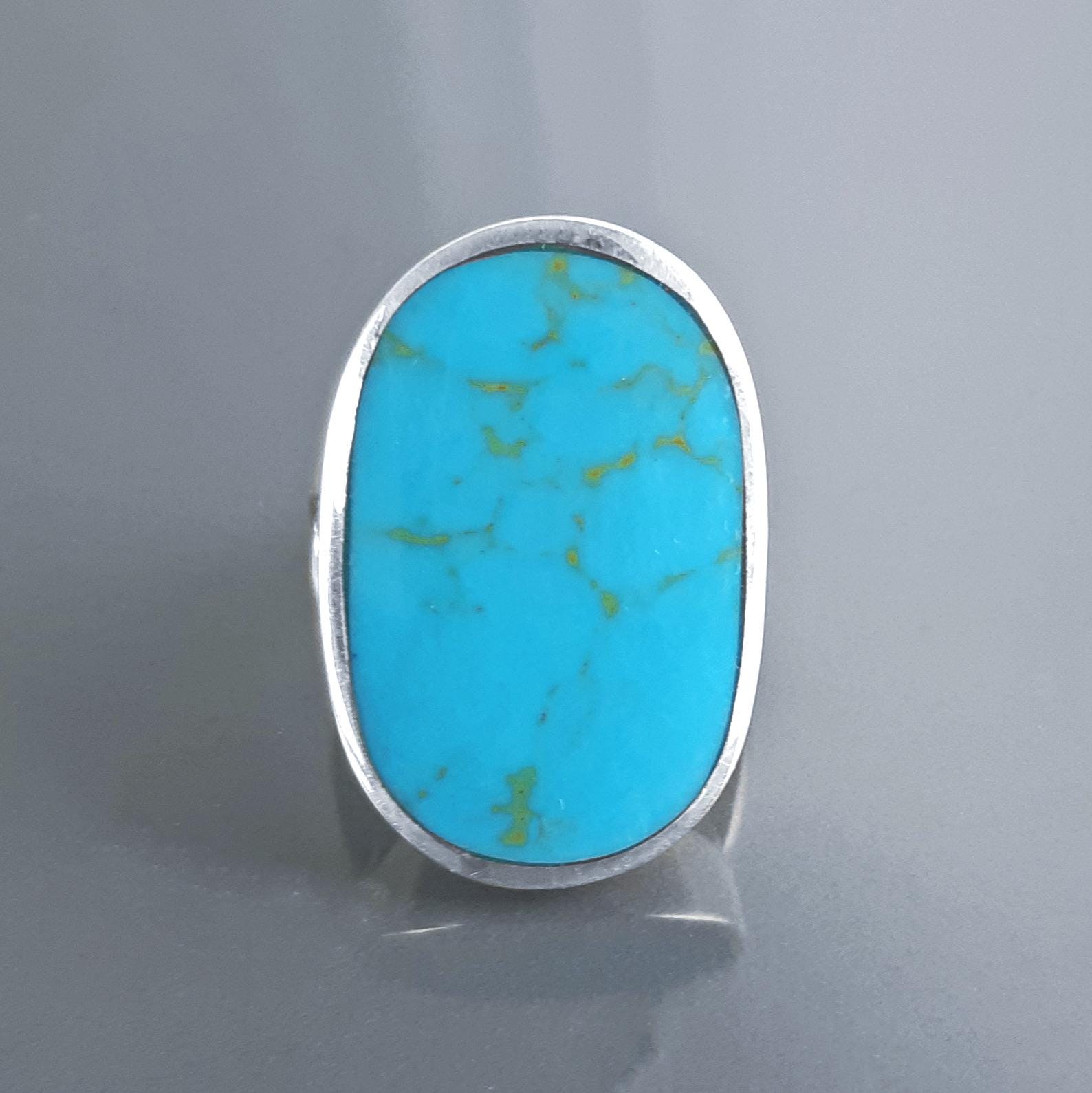 Blue Turquoise Ring, Sterling Silver, Turquoise Flat Stone, Original Rectangle Oval Form Ring, Modern Designer Setting Shape Jewelry