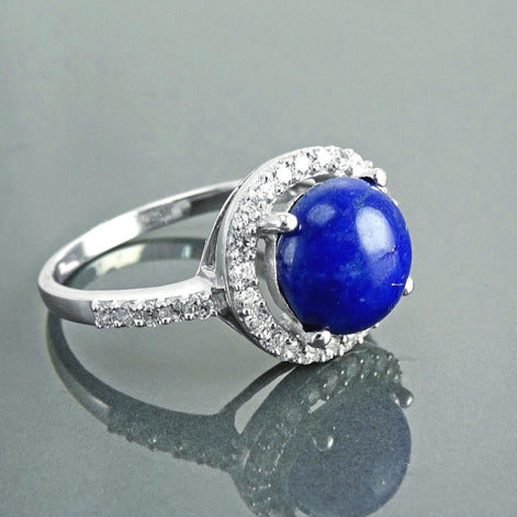 Blue Stone Ring 925 Sterling Silver, Lapis Lazuli Halo Ring, CZ Stones Broder, Natural Gemstone Jewelry