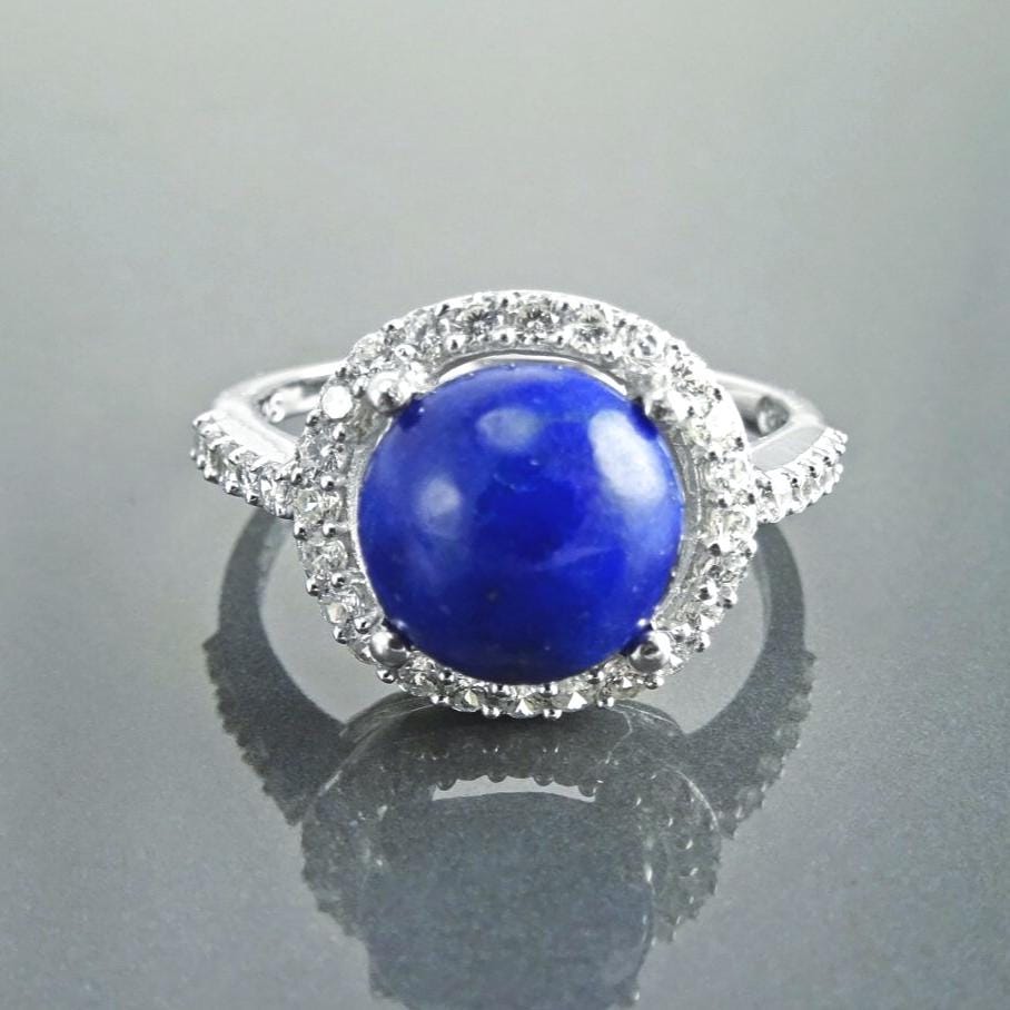 Blue Stone Ring 925 Sterling Silver, Lapis Lazuli Halo Ring, CZ Stones Broder, Natural Gemstone Jewelry