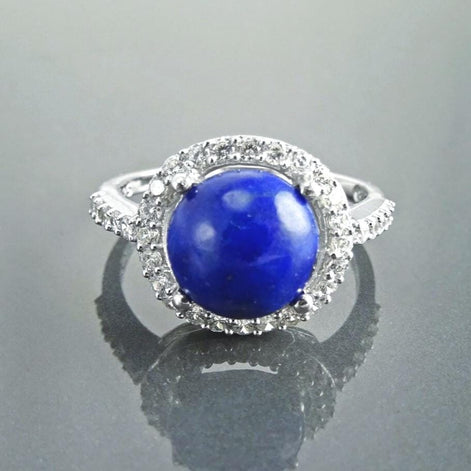 Blue Stone Ring 925 Sterling Silver, Lapis Lazuli Halo Ring, CZ Stones Broder, Natural Gemstone Jewelry