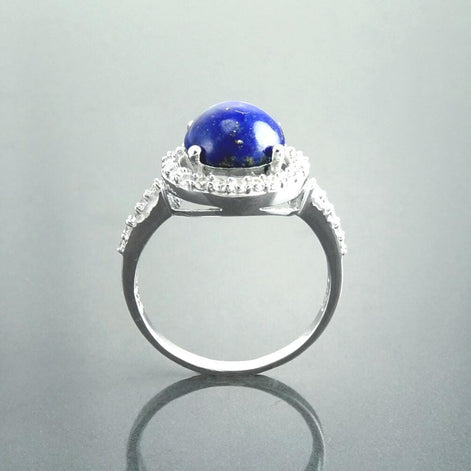 Blue Stone Ring 925 Sterling Silver, Lapis Lazuli Halo Ring, CZ Stones Broder, Natural Gemstone Jewelry