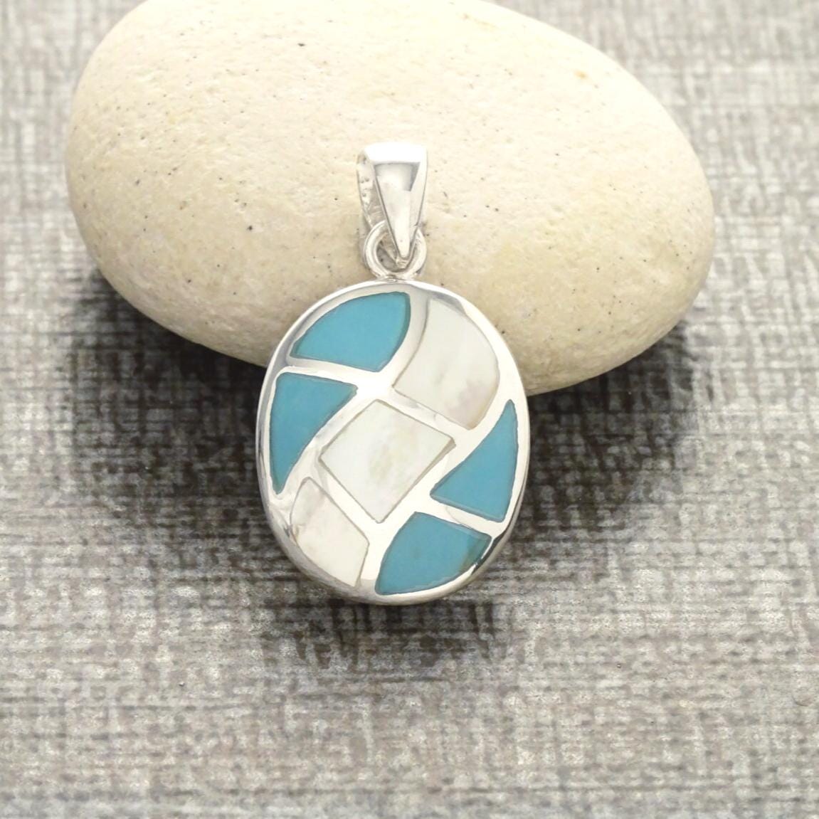 Mother of Pearl and Turquoise Earrings, Sterling Silver, Geometric Oval Mosaic, Modern Jewelry