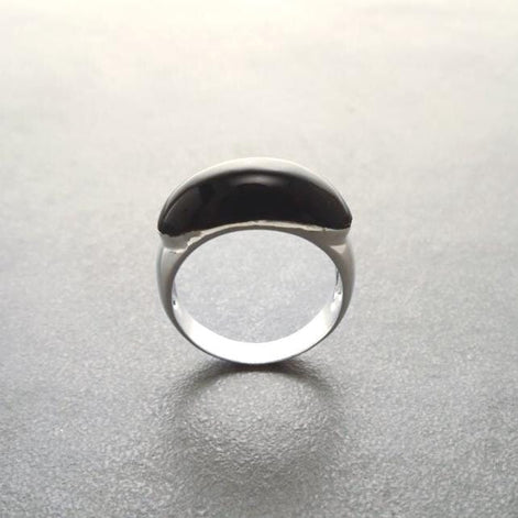 Black Domed Ring - Sterling Silver - Black Onyx Stone, Oval Stone Cabochon Horizontal Stone Band Ring, Dainty Everyday Modern Ring