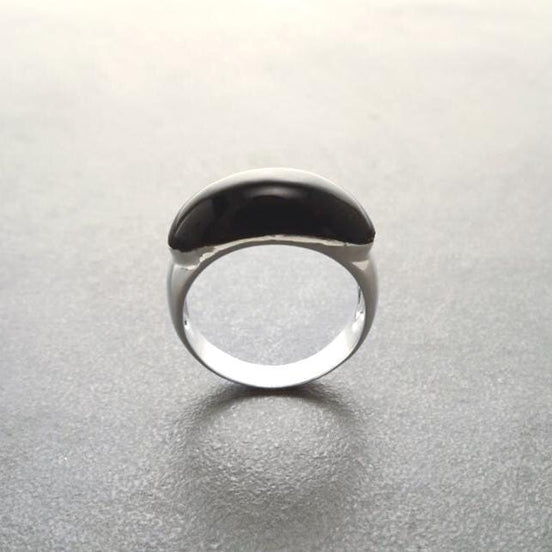 Black Domed Ring - Sterling Silver - Black Onyx Stone, Oval Stone Cabochon Horizontal Stone Band Ring, Dainty Everyday Modern Ring
