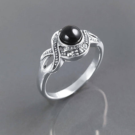 Art Deco Black Onyx Stone Ring, Sterling Silver, Waves Infinity Marcasites Ring, Round Onyx, Antique Retro Inspired Stone Jewelry