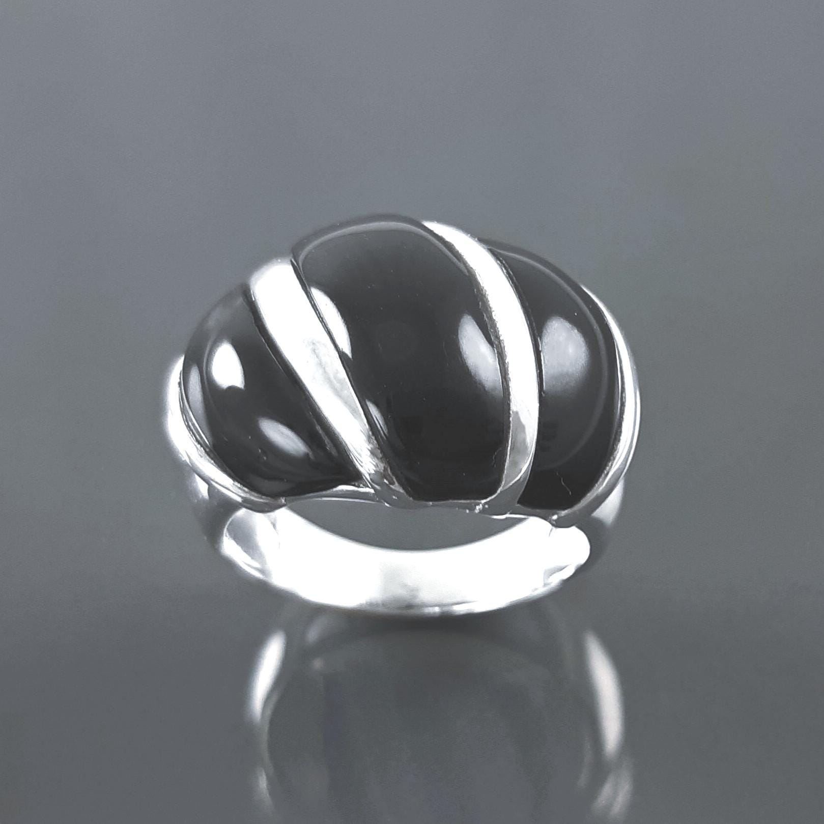 Onyx Domed Ring, Sterling Silver, Women Beautiful Dome Ring, Black Stone Band Ring, Three Bands Wide Ring, Fashion Vintage Ring