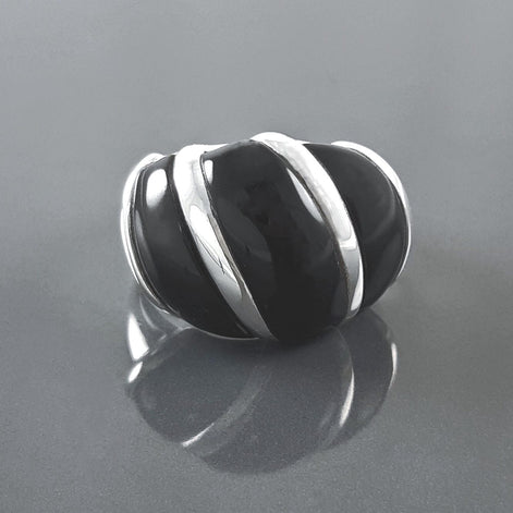 Onyx Domed Ring, Sterling Silver, Women Beautiful Dome Ring, Black Stone Band Ring, Three Bands Wide Ring, Fashion Vintage Ring