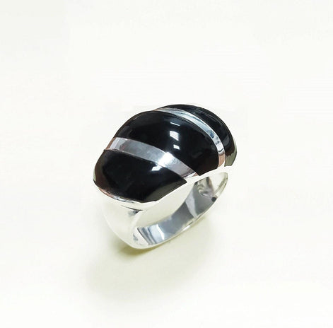 Onyx Domed Ring, Sterling Silver, Women Beautiful Dome Ring, Black Stone Band Ring, Three Bands Wide Ring, Fashion Vintage Ring