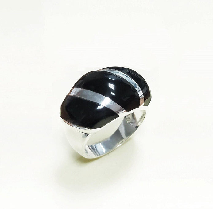 Onyx Domed Ring, Sterling Silver, Women Beautiful Dome Ring, Black Stone Band Ring, Three Bands Wide Ring, Fashion Vintage Ring