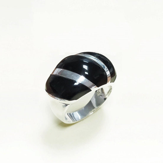 Onyx Domed Ring, Sterling Silver, Women Beautiful Dome Ring, Black Stone Band Ring, Three Bands Wide Ring, Fashion Vintage Ring