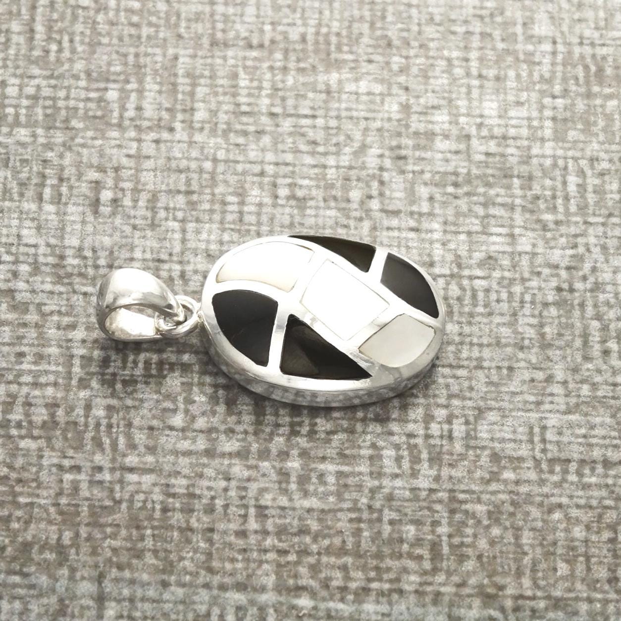 Black Oval Pendant Necklace, Sterling Silver, Black Onyx Stone and White Mother of Pearl Shell, Mosaic Geometric Waves Checkered Jewelry
