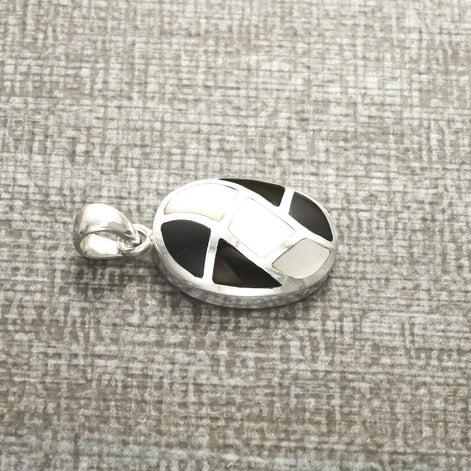 Black Oval Pendant Necklace, Sterling Silver, Black Onyx Stone and White Mother of Pearl Shell, Mosaic Geometric Waves Checkered Jewelry
