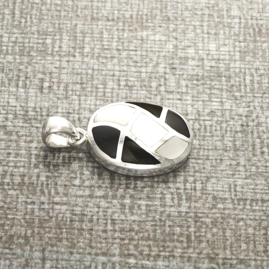 Black Oval Pendant Necklace, Sterling Silver, Black Onyx Stone and White Mother of Pearl Shell, Mosaic Geometric Waves Checkered Jewelry