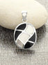Black Oval Pendant Necklace, Sterling Silver, Black Onyx Stone and White Mother of Pearl Shell, Mosaic Geometric Waves Checkered Jewelry