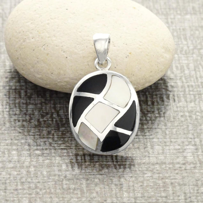 Black Oval Pendant Necklace, Sterling Silver, Black Onyx Stone and White Mother of Pearl Shell, Mosaic Geometric Waves Checkered Jewelry