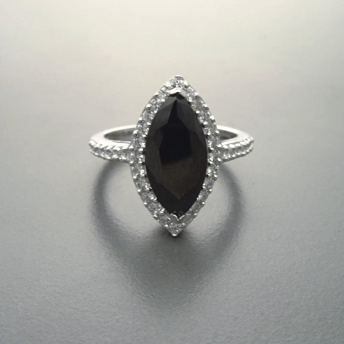 Black Marquise Ring, Sterling Silver, Black and White Lab Diamonds simulant (CZ), Engagement Ring, Modern Marquise Ring, Valentines Day Gift