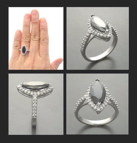 Black Marquise Ring, Sterling Silver, Black and White Lab Diamonds simulant (CZ), Engagement Ring, Modern Marquise Ring, Valentines Day Gift