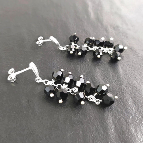 Black dangle earrings, sterling silver, teardrop blackberry crystal cz stones grape earrings, dark blackberries bunch, modern jewelry