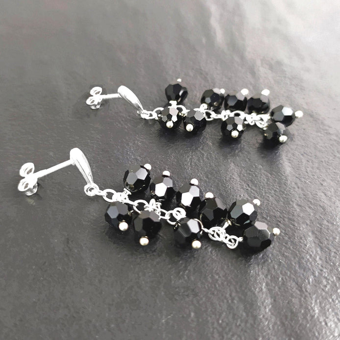 Black dangle earrings, sterling silver, teardrop blackberry crystal cz stones grape earrings, dark blackberries bunch, modern jewelry