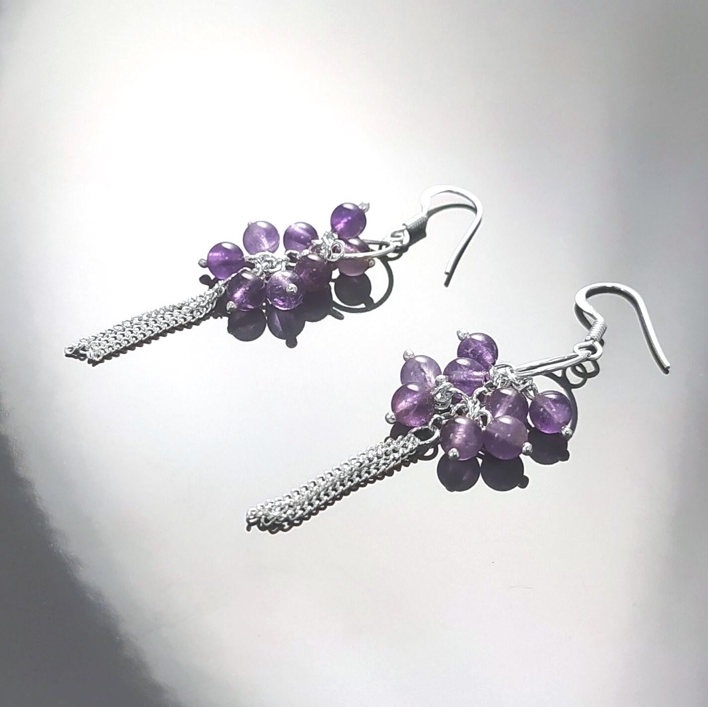 Amethyst Sterling Silver Dangle Earrings, Genuine Gemstone Drop Hooks, Woman Jewelry