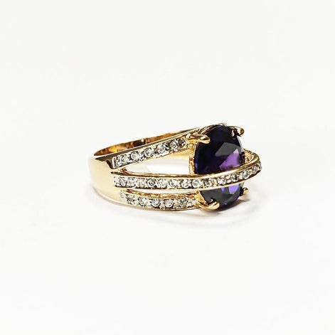 Amethyst Gold Ring, Luxurious Diamond Pave Band, Cocktail Jewelry, Statement Gift