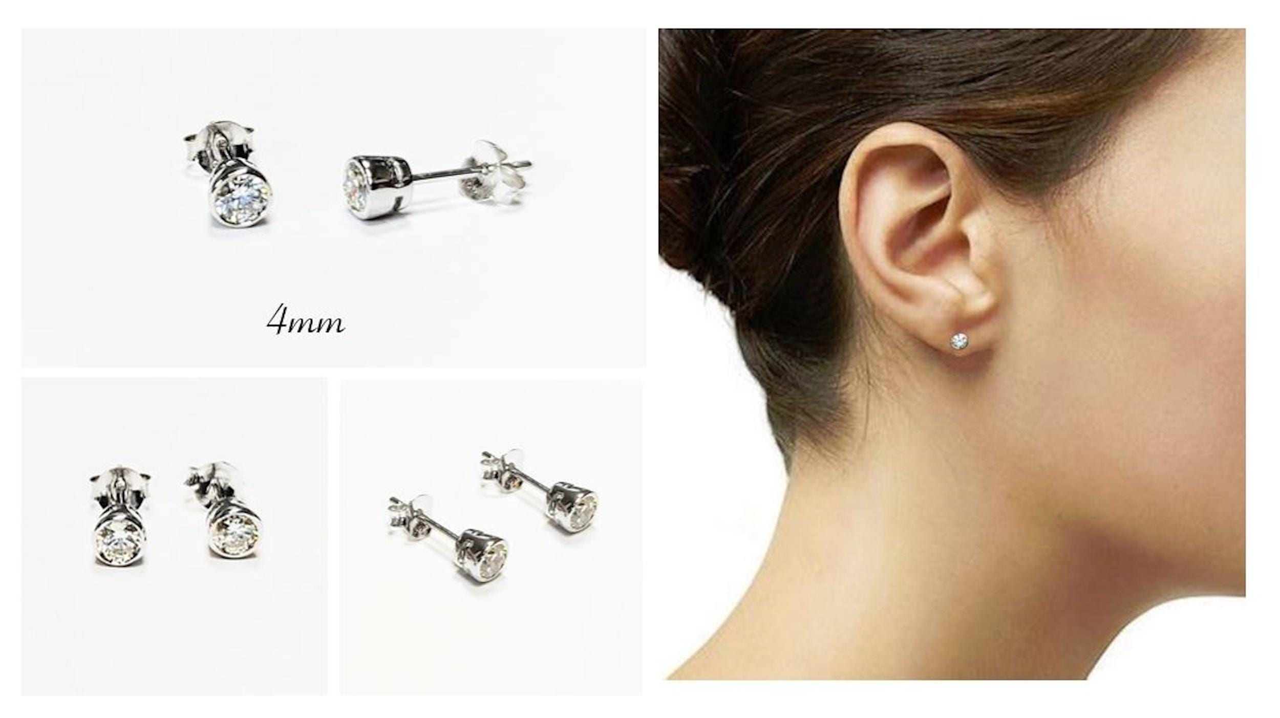 925 Sterling Silver Bezel Solitaire Stud Earrings • • 3mm–7mm Round Diamond Cut Cz Stone • Enclosed Setting Studs • Unisex Jewelry.