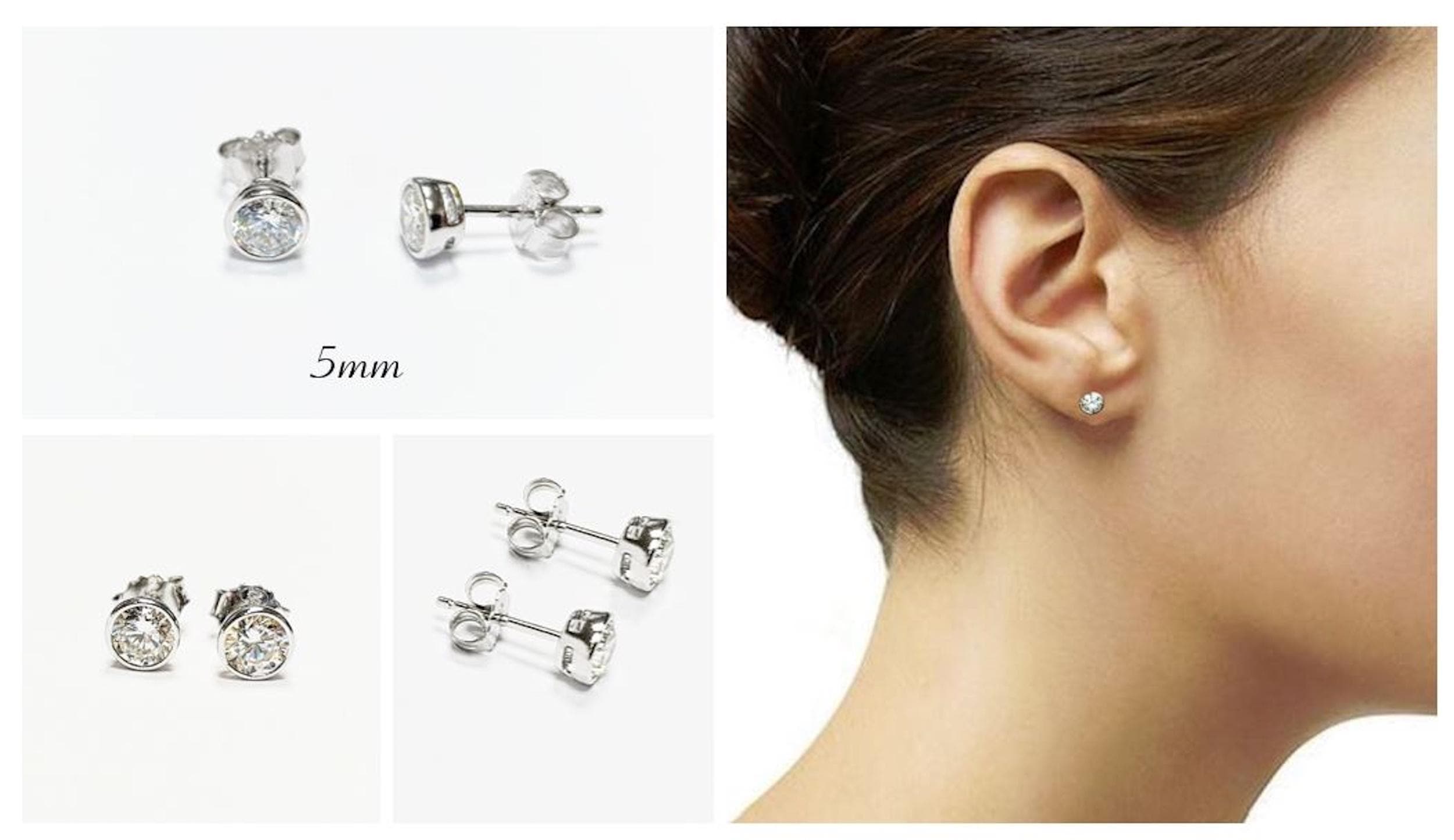925 Sterling Silver Bezel Solitaire Stud Earrings • • 3mm–7mm Round Diamond Cut Cz Stone • Enclosed Setting Studs • Unisex Jewelry.