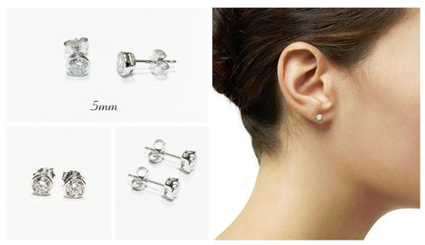 925 Sterling Silver Bezel Solitaire Stud Earrings • • 3mm–7mm Round Diamond Cut Cz Stone • Enclosed Setting Studs • Unisex Jewelry.