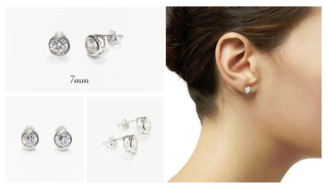925 Sterling Silver Bezel Solitaire Stud Earrings • • 3mm–7mm Round Diamond Cut Cz Stone • Enclosed Setting Studs • Unisex Jewelry.