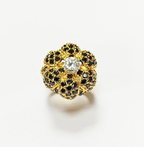 18K Gold Plated Ring • Black & White Rose Flower • Statement Glam Floral Design Stones Jewelry • Elegant Cocktail Ring, Amazing Vintage Ring