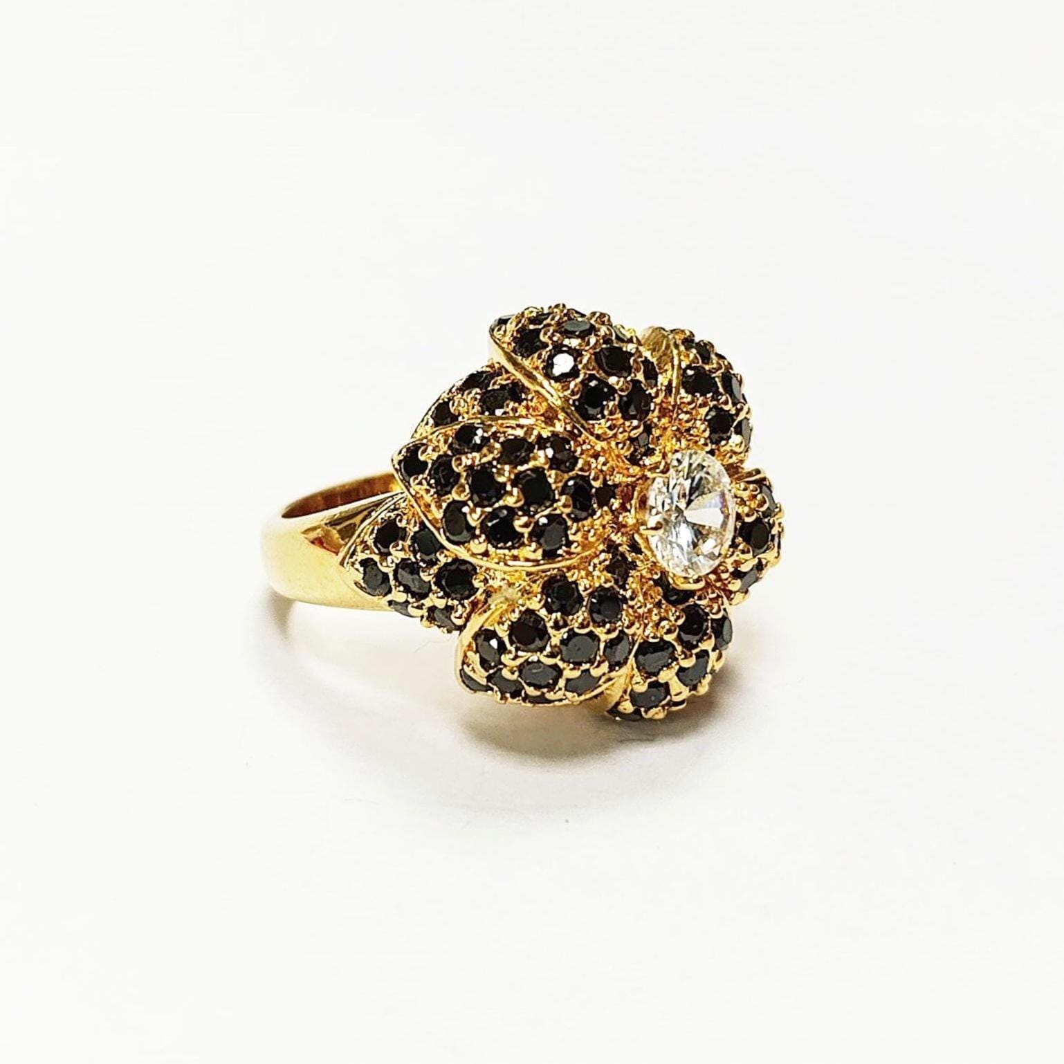 18K Gold Plated Ring • Black & White Rose Flower • Statement Glam Floral Design Stones Jewelry • Elegant Cocktail Ring, Amazing Vintage Ring