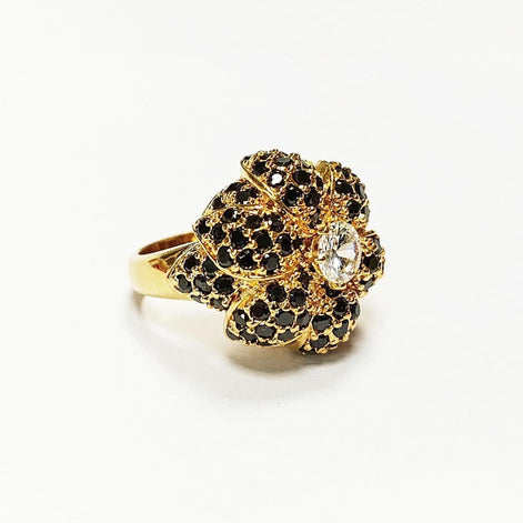 18K Gold Plated Ring • Black & White Rose Flower • Statement Glam Floral Design Stones Jewelry • Elegant Cocktail Ring, Amazing Vintage Ring