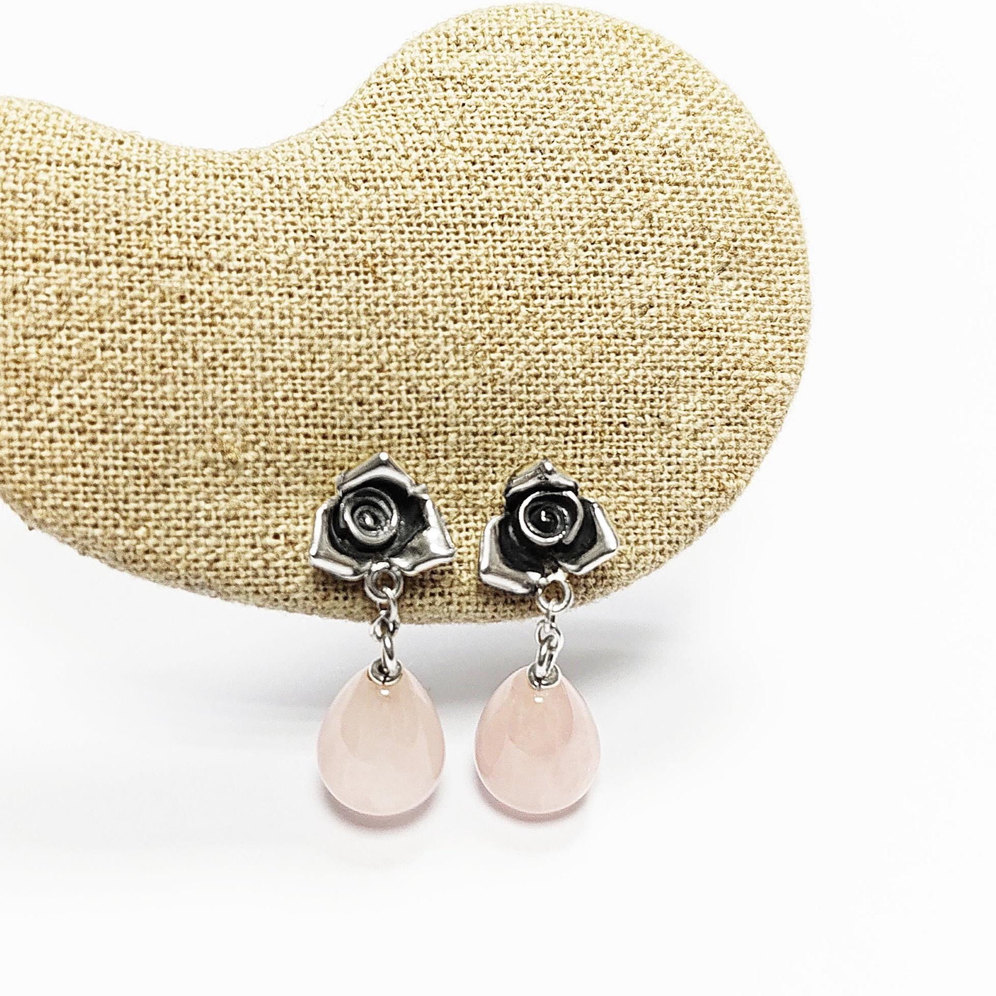 Sterling Silver Rose Earrings • Pink Quartz Dangle, Vintage Style, Flower Earrings