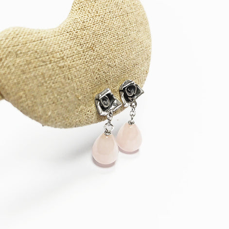 Sterling Silver Rose Earrings • Pink Quartz Dangle, Vintage Style, Flower Earrings