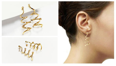 Drop Spiral earrings with 18K gold plated and Set with Diamond cut Cz Stones, Long Spiral, Long Dangle Swirl Golden Pendant earrings