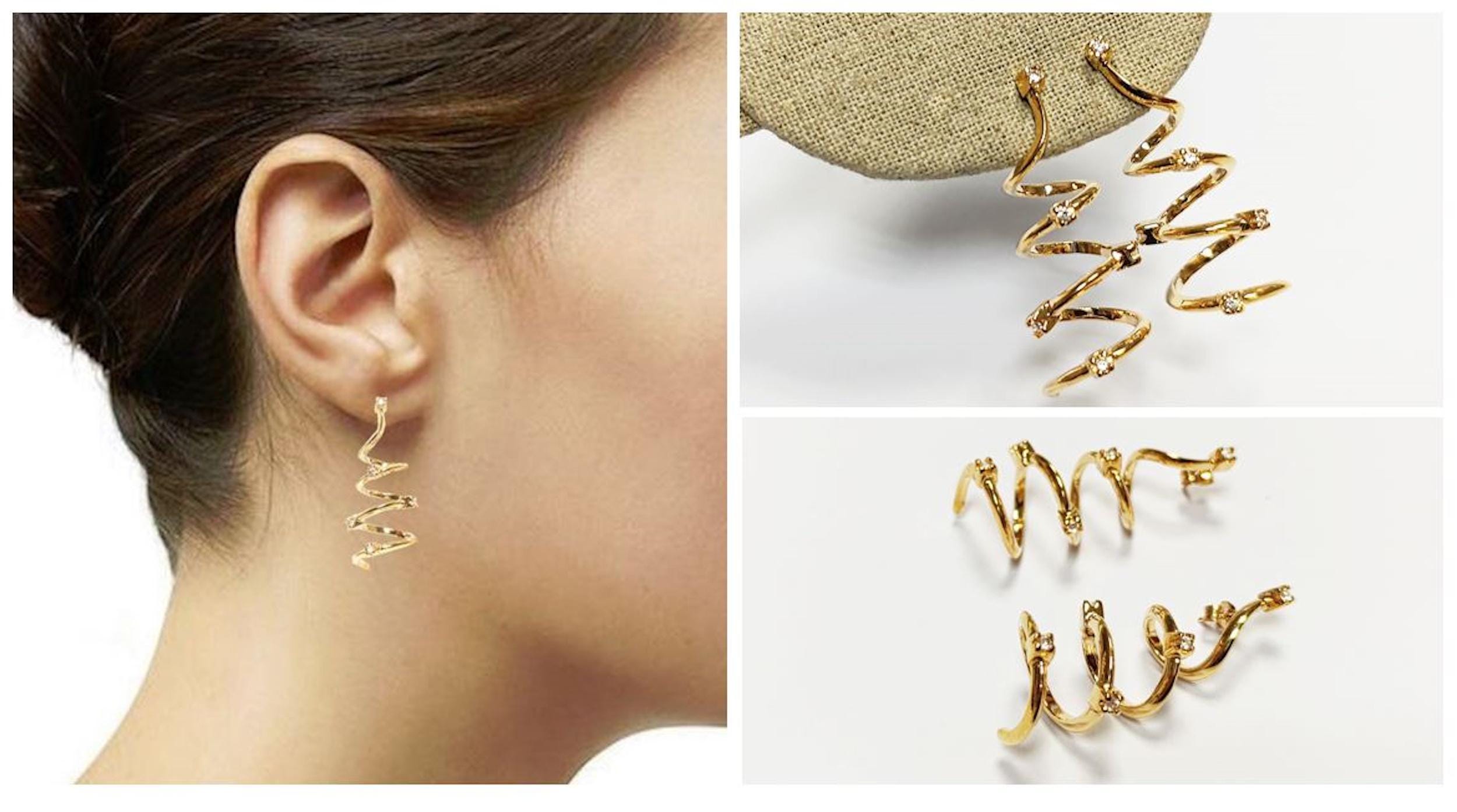Drop Spiral earrings with 18K gold plated and Set with Diamond cut Cz Stones, Long Spiral, Long Dangle Swirl Golden Pendant earrings
