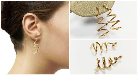 Drop Spiral earrings with 18K gold plated and Set with Diamond cut Cz Stones, Long Spiral, Long Dangle Swirl Golden Pendant earrings