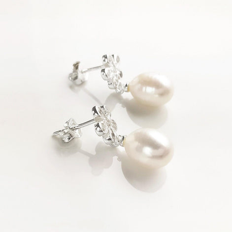 10mm White Shell Pearl Flower Earrings, Sterling Silver 925, Handmade Jewelry